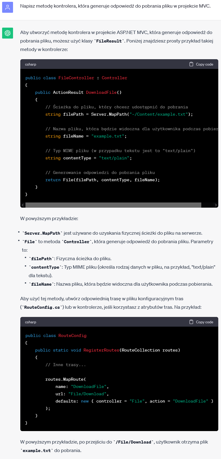 Metoda Kontrolera w MVC - Generowanie odpowiedzi do pobrania pliku