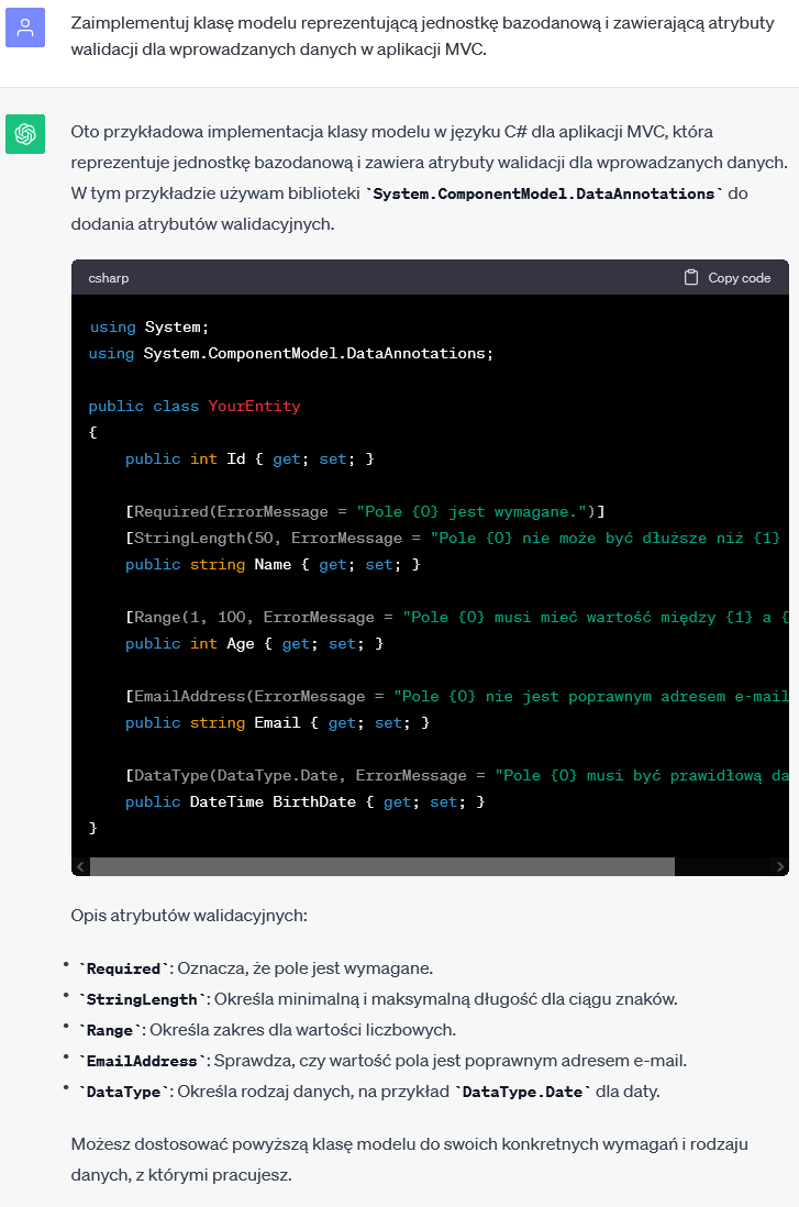 Klasa Modelu w MVC - Implementacja jednostki bazodanowej z walidacją danych