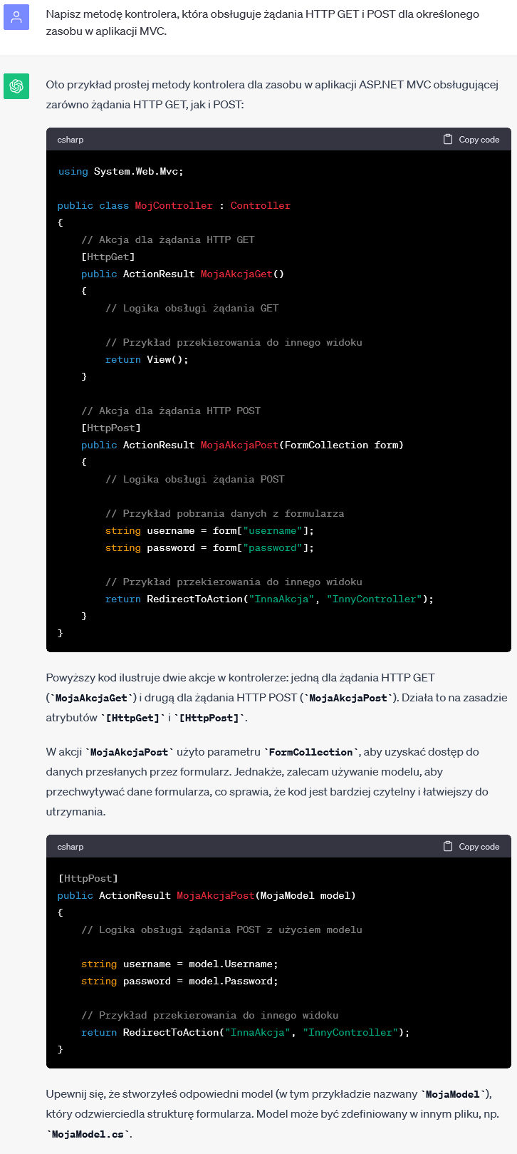 Metoda Kontrolera w MVC - Obsługa żądań HTTP GET i POST dla określonego zasobu