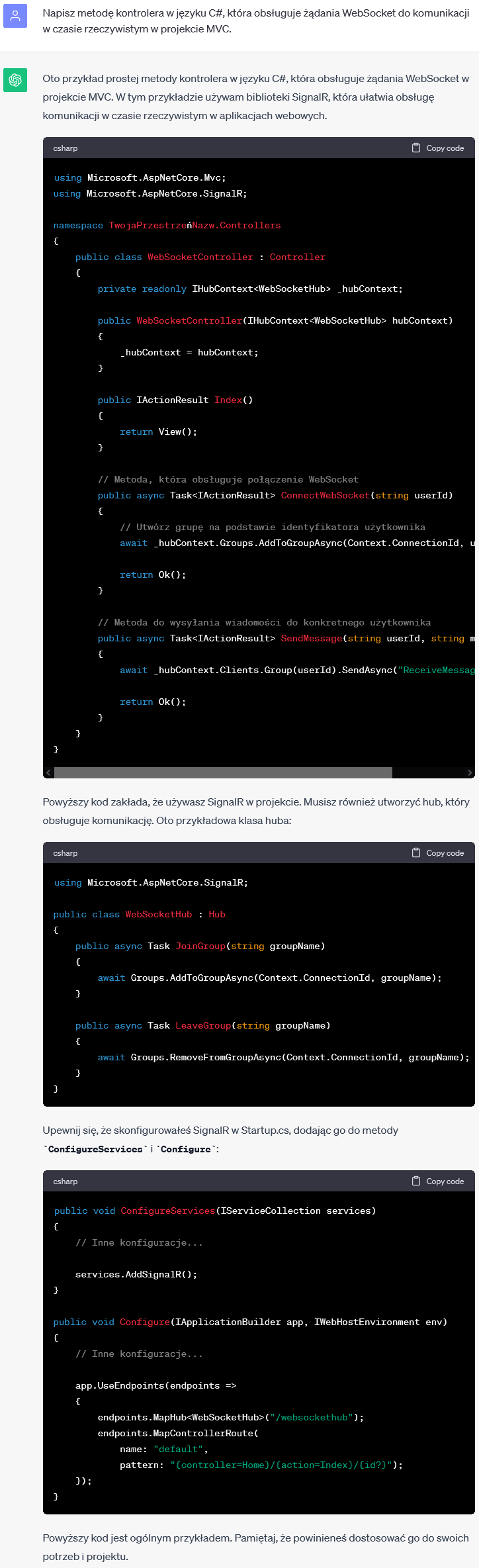 Metoda Kontrolera w MVC - Obsługa żądań WebSocket do komunikacji w czasie rzeczywistym