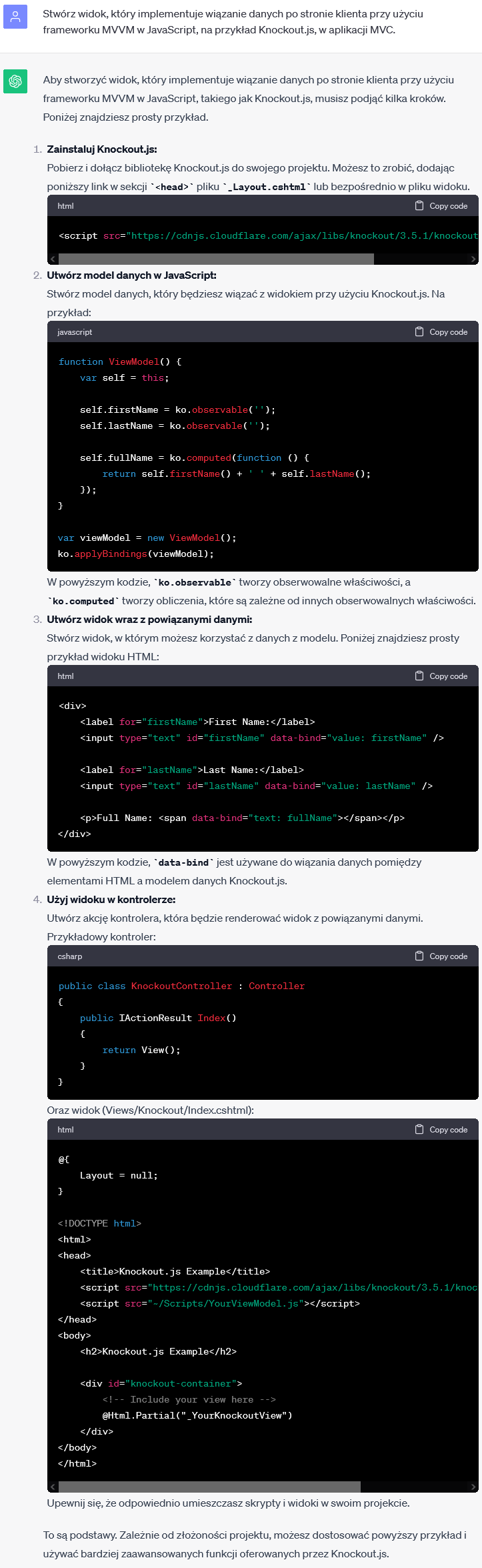 Widok w MVC - Implementacja wiązania danych po stronie klienta z użyciem frameworku MVVM