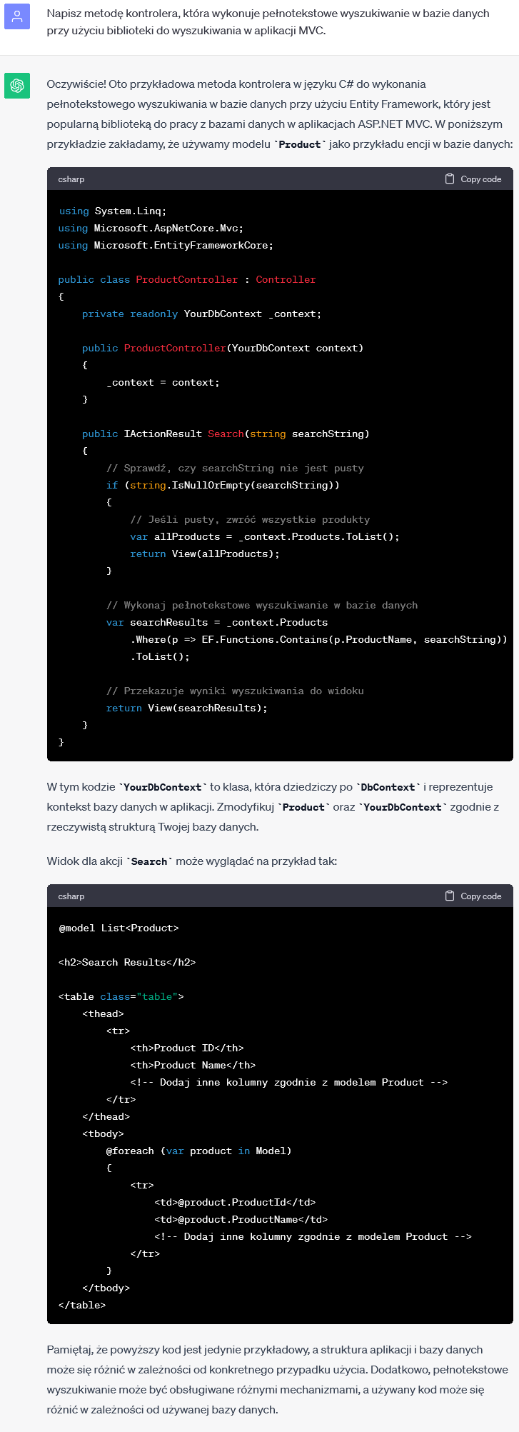 Metoda Kontrolera w MVC - Pełnotekstowe wyszukiwanie w bazie danych