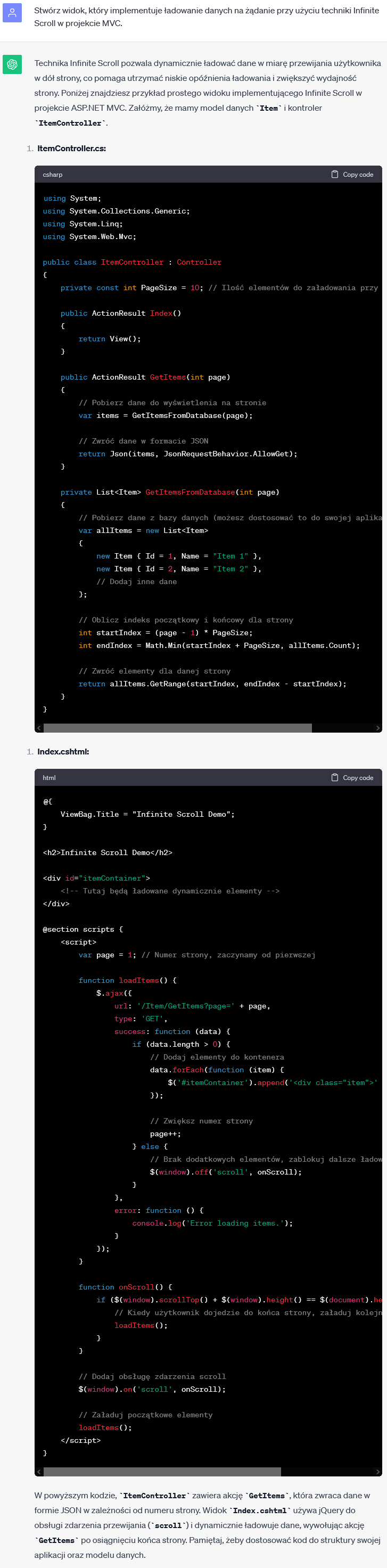 Widok w MVC - Implementacja ładowania danych na żądanie za pomocą Infinite Scroll