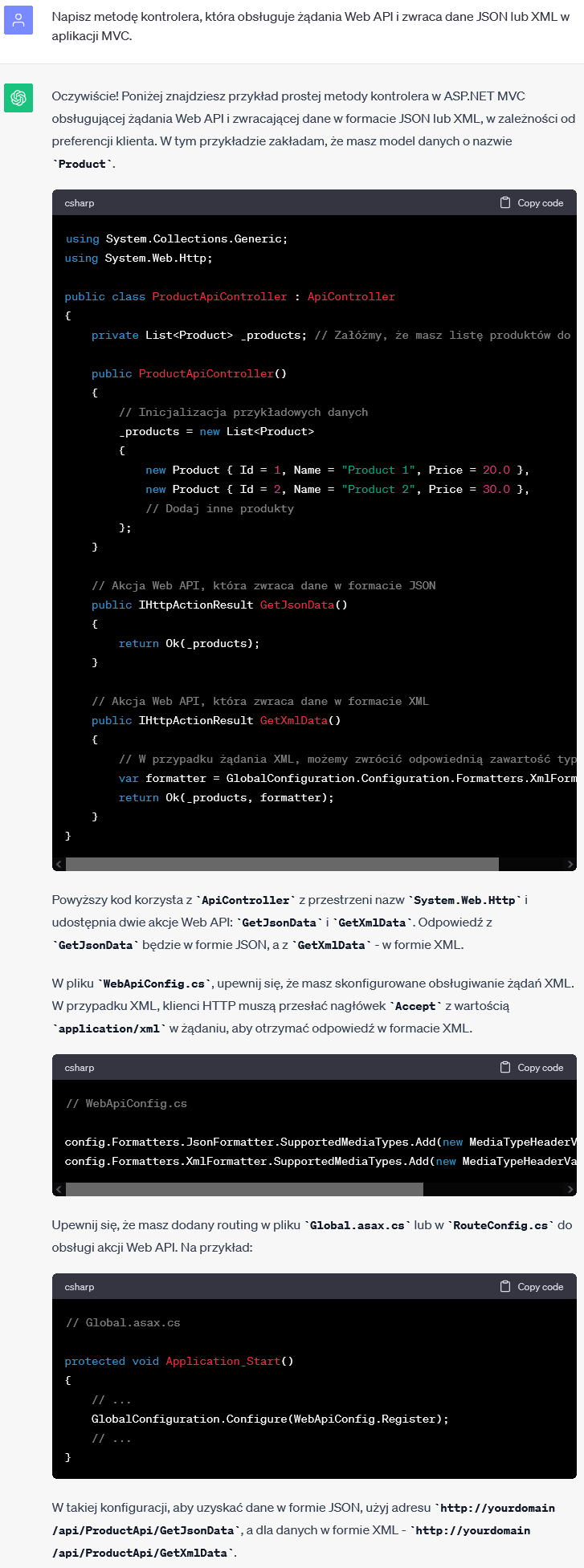 Metoda Kontrolera w MVC - Obsługa żądań Web API i zwracanie danych JSON lub XML