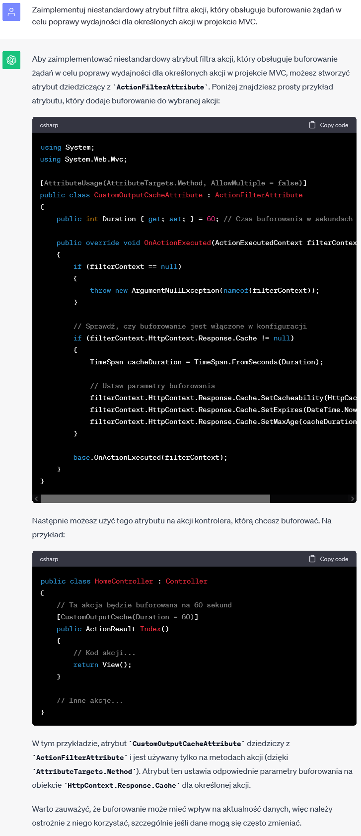 Niestandardowy Atrybut Filtra w MVC - Obsługa buforowania żądań dla poprawy wydajności