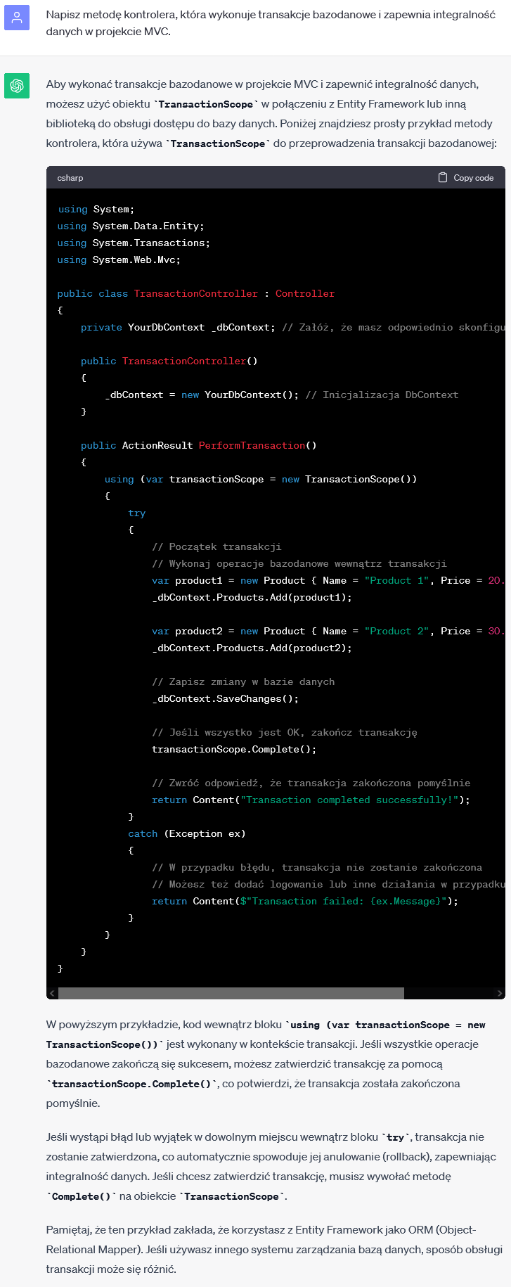 Metoda Kontrolera w MVC - Wykonywanie transakcji bazodanowych i zapewnianie integralności danych