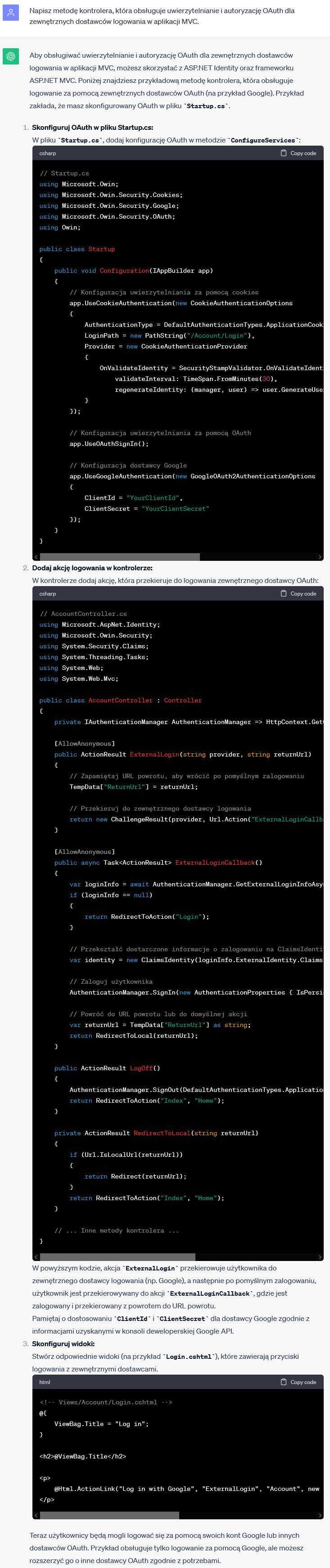 Metoda Kontrolera w MVC - Obsługa uwierzytelniania i autoryzacji OAuth