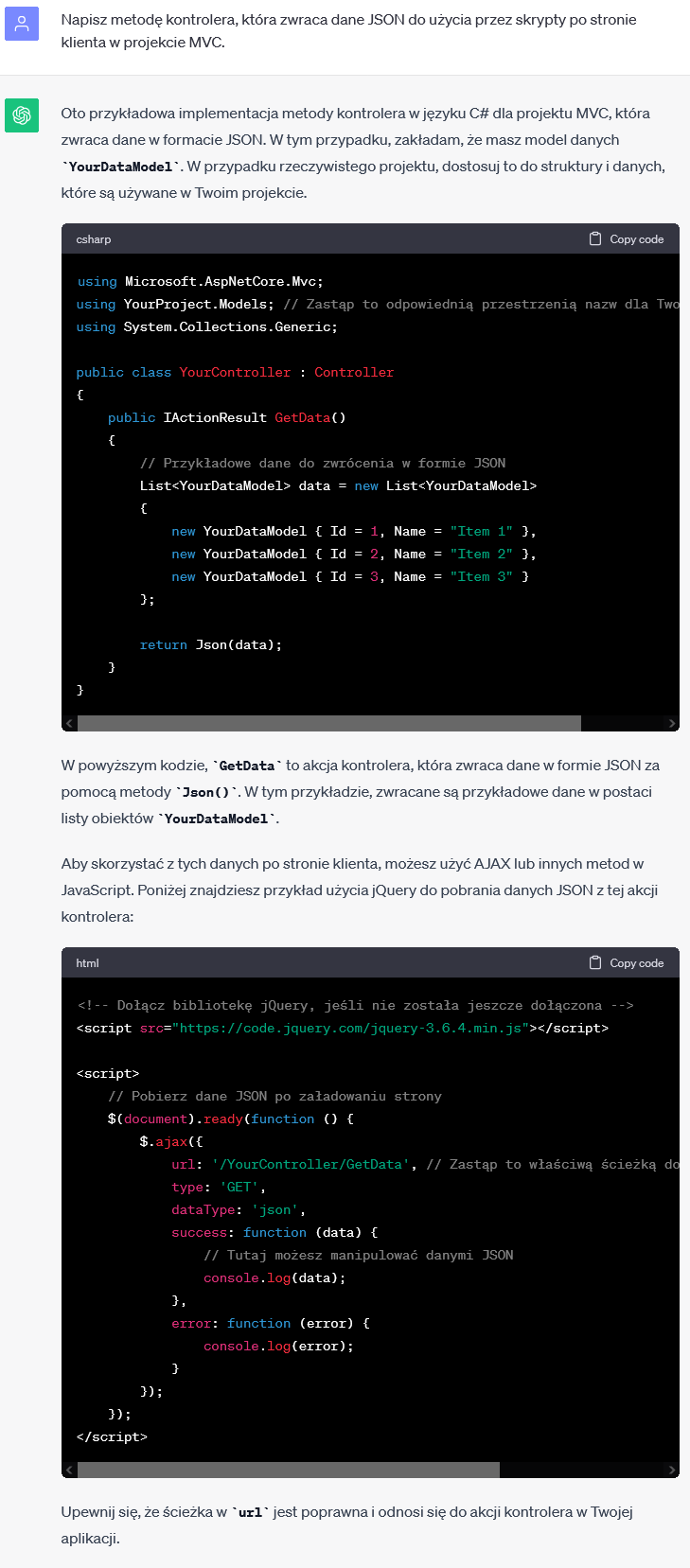 Metoda Kontrolera w MVC - Zwracanie danych JSON do użycia przez skrypty po stronie klienta