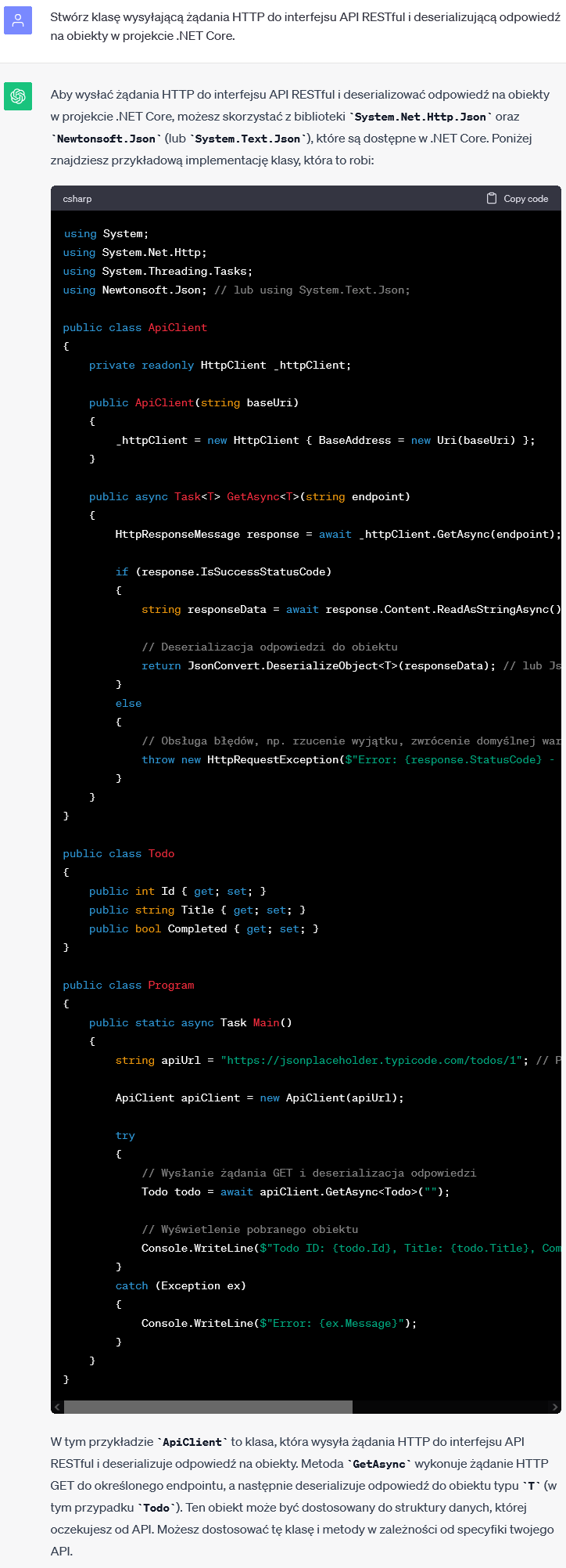 Wysyłanie żądań HTTP do interfejsu API RESTful i deserializacja odpowiedzi w .NET Core