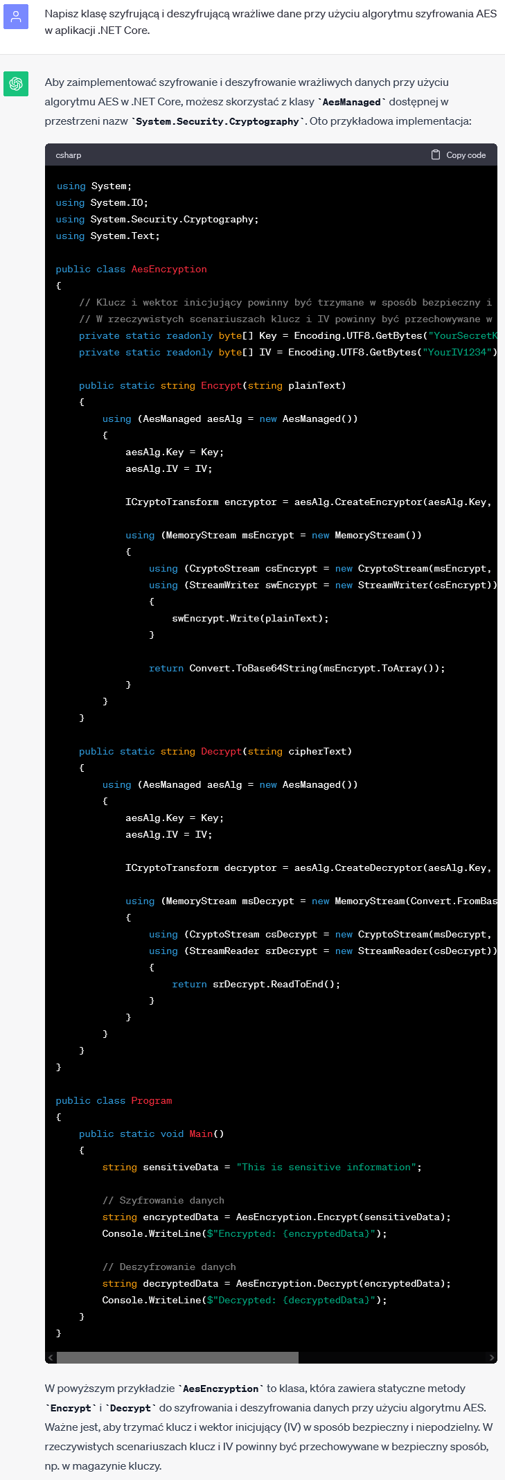 Szyfrowanie i deszyfrowanie danych w .NET Core przy użyciu AES
