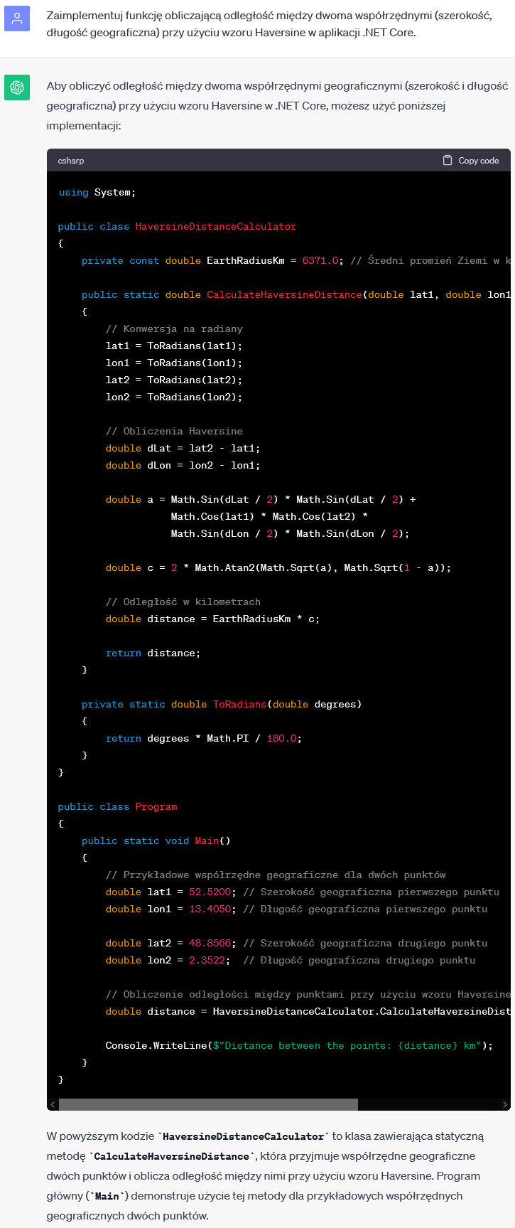 Obliczanie odległości między współrzędnymi w .NET Core przy użyciu wzoru Haversine