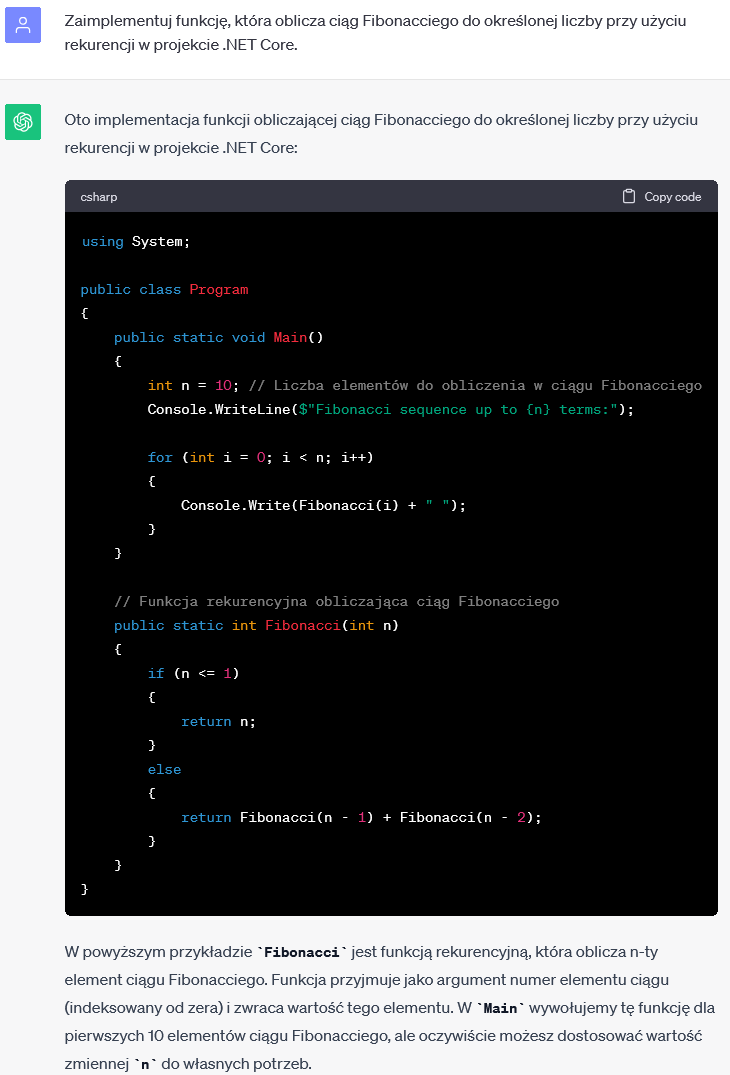 Obliczanie ciągu Fibonacciego przy użyciu rekurencji w .NET Core