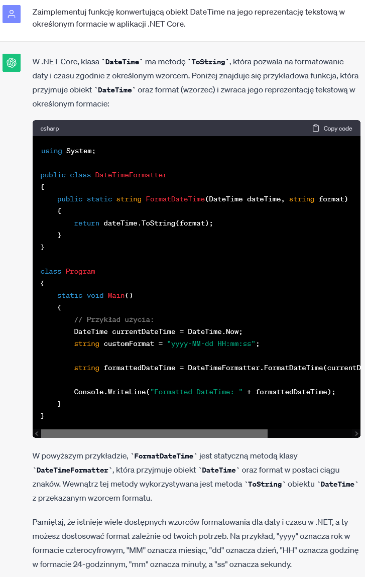 Konwersja DateTime na tekst w .NET Core