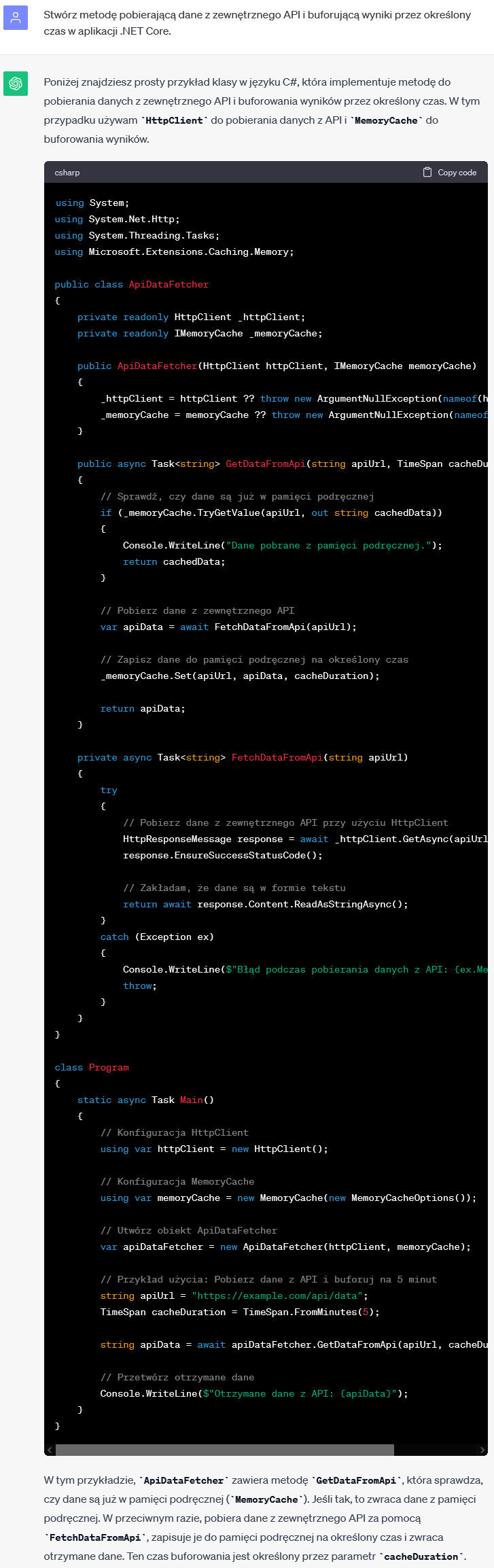 Pobieranie danych z API i buforowanie w .NET Core