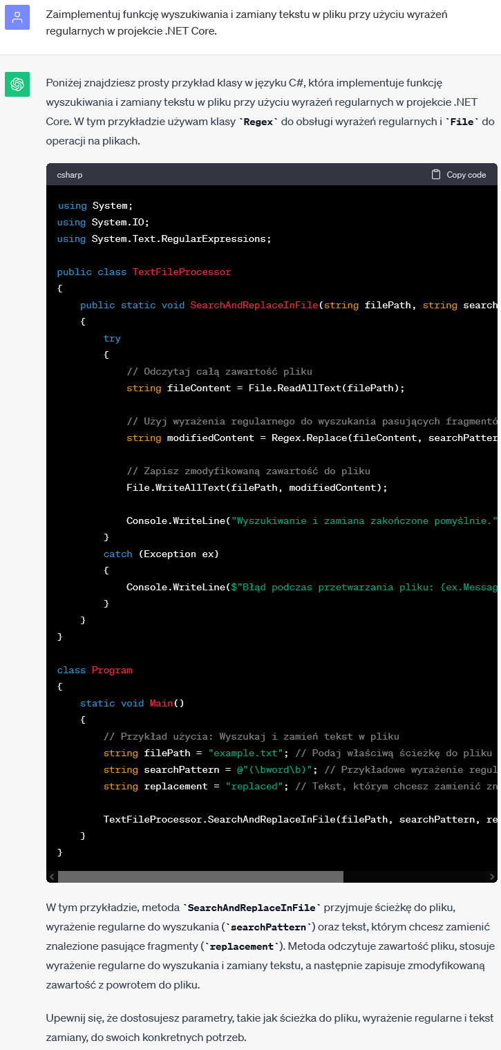 Wyszukiwanie i zamiana tekstu w pliku w .NET Core