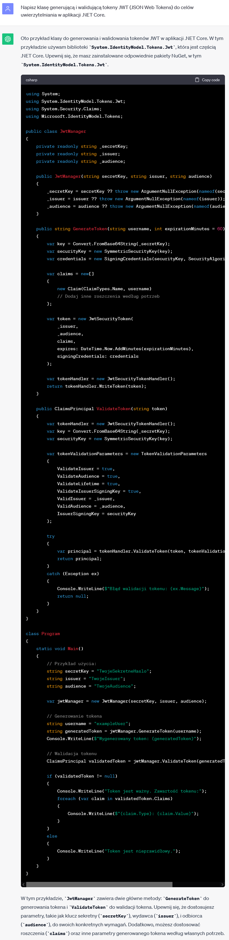 Generowanie i walidacja tokenów JWT w .NET Core