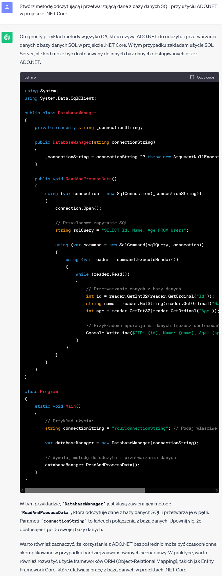 Odczyt i przetwarzanie danych z bazy danych SQL w .NET Core