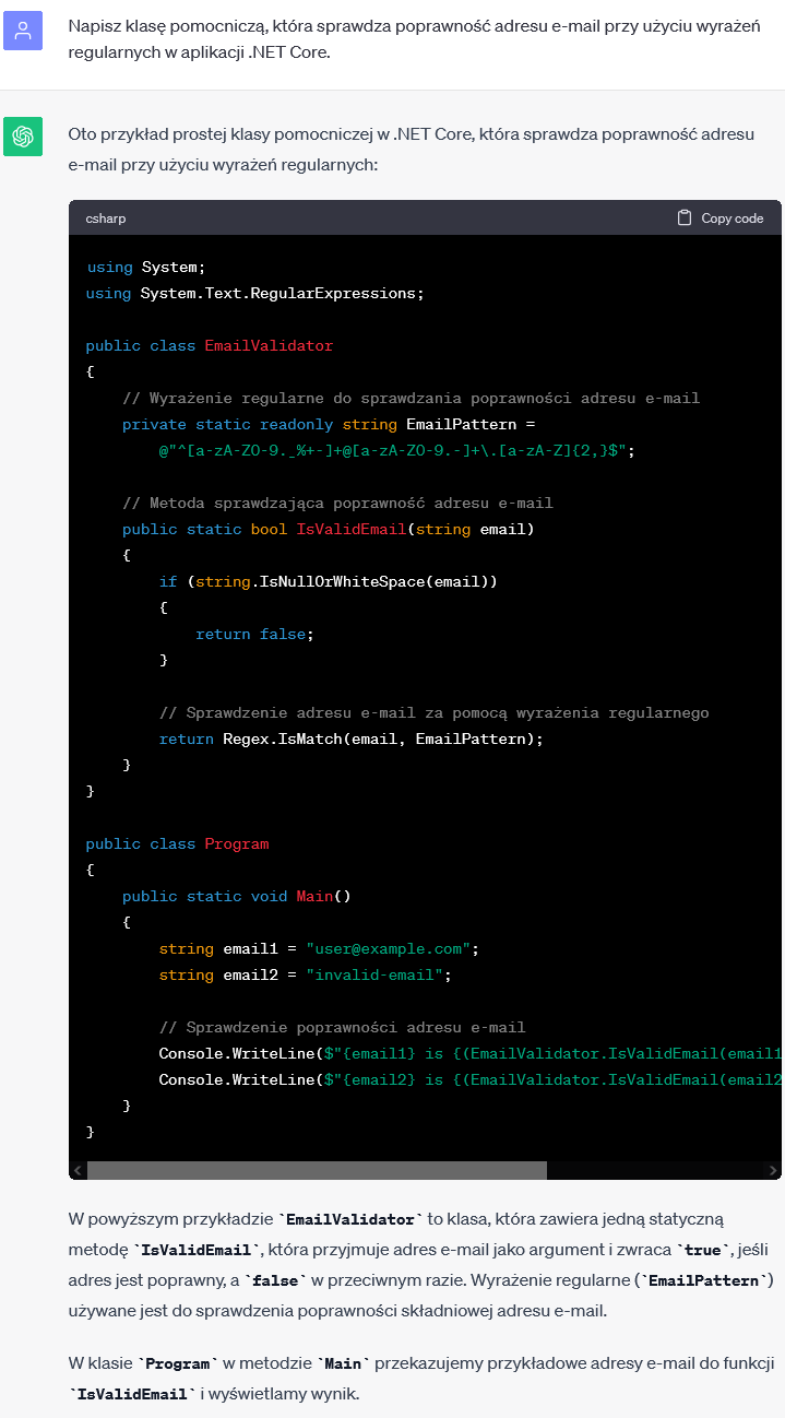 Sprawdzanie poprawności adresu e-mail przy użyciu wyrażeń regularnych w .NET Core