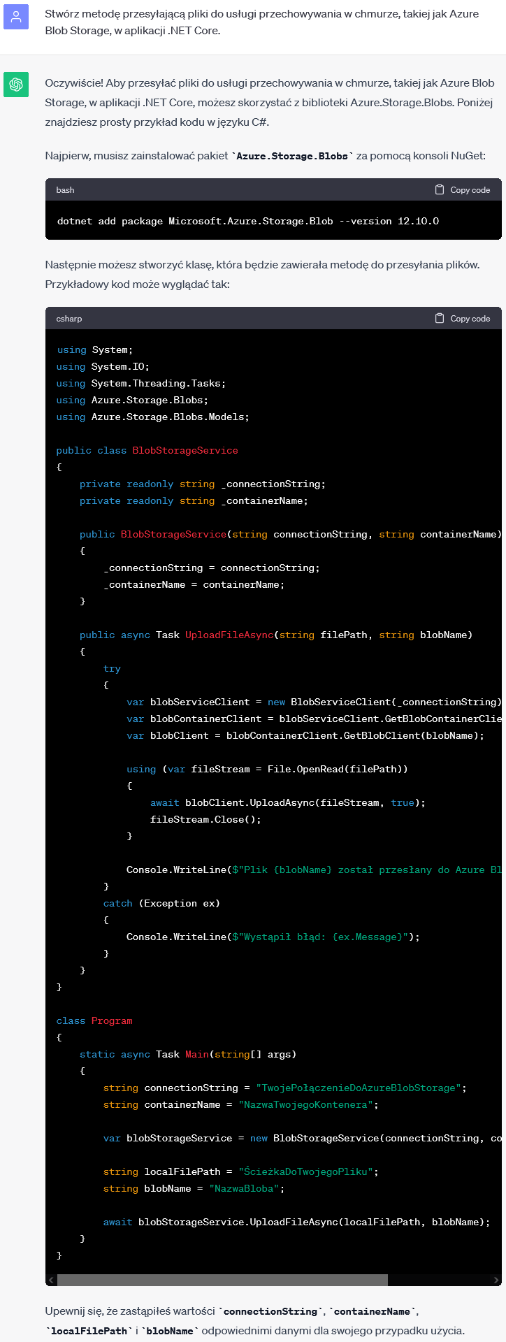 Przesyłanie plików do chmury w .NET Core
