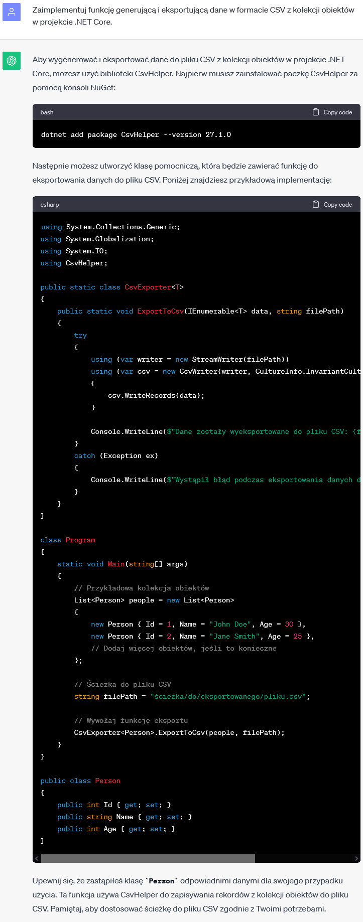 Generowanie i eksport danych do formatu CSV w .NET Core