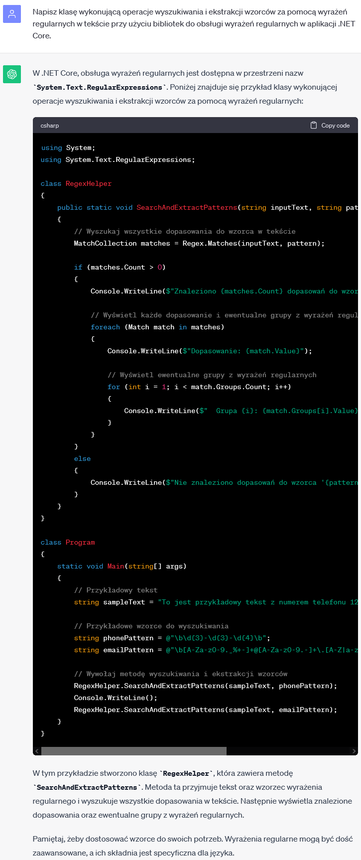 Wyszukiwanie i ekstrakcja wzorców z wyrażeń regularnych w .NET Core