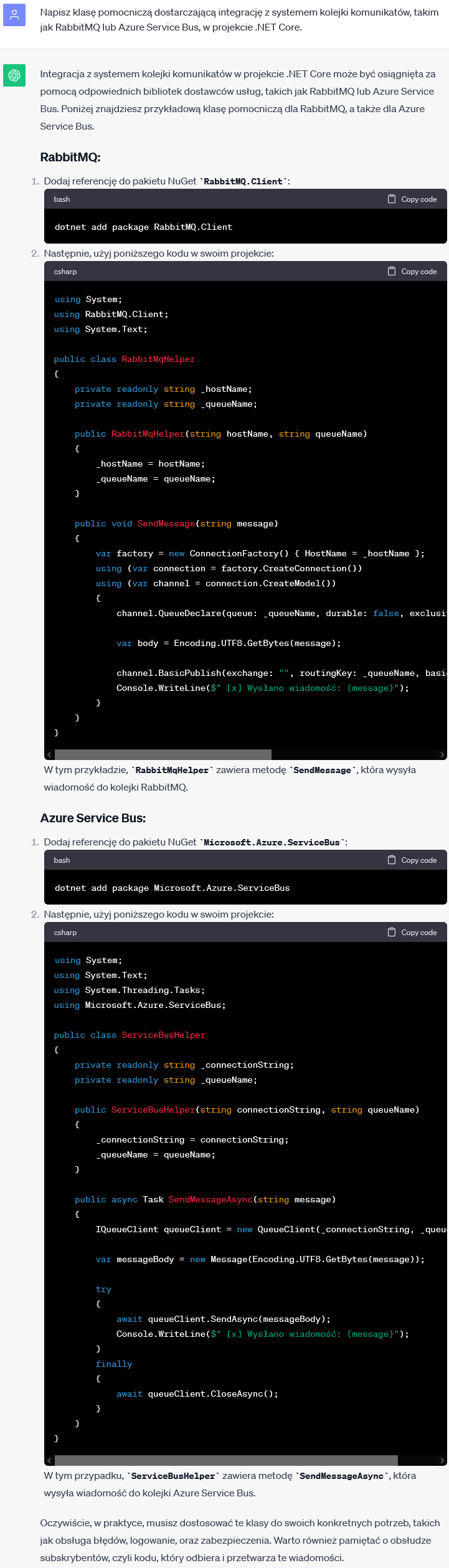 Integracja z systemem kolejki komunikatów w .NET Core