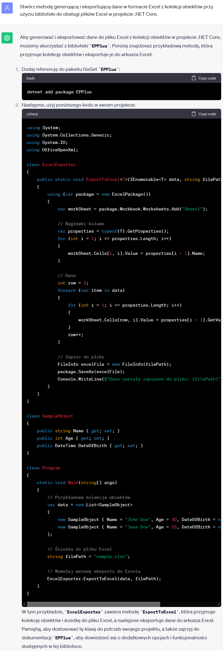 Generowanie i eksport danych do formatu Excel w .NET Core