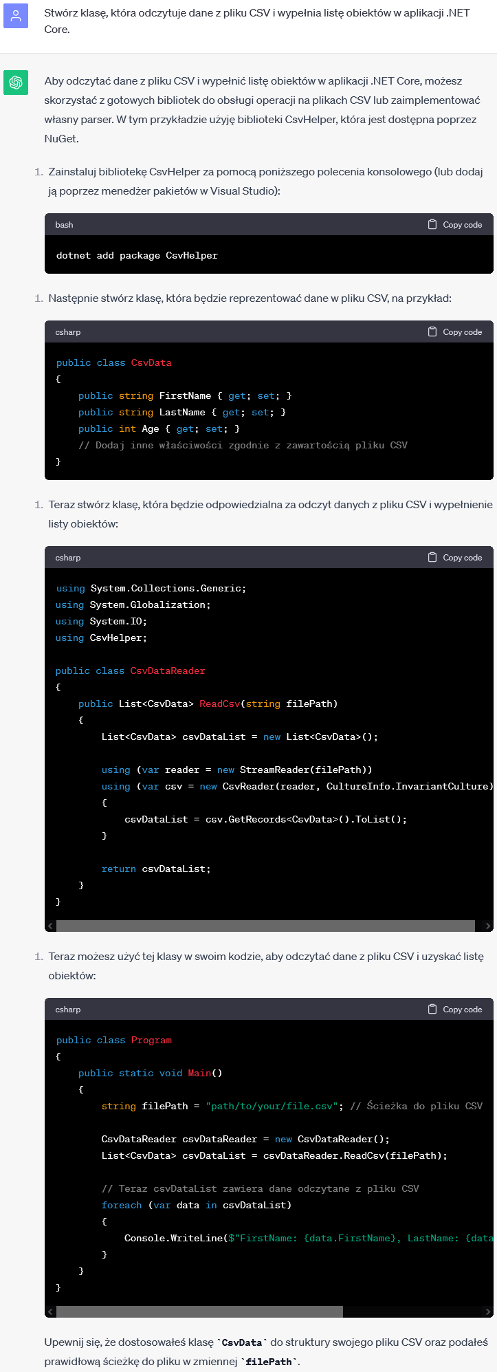 Odczyt danych z pliku CSV i wypełnianie listy obiektów w .NET Core