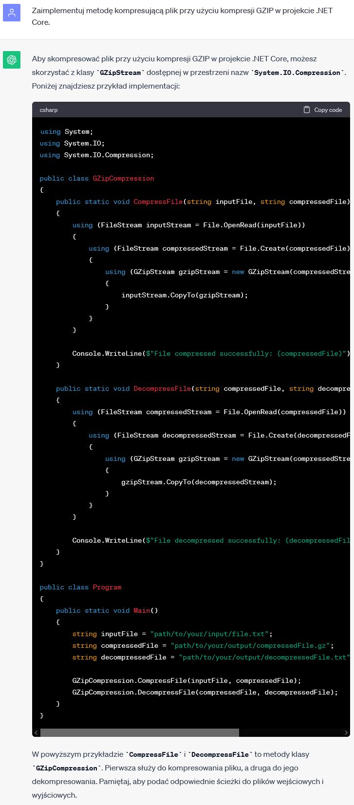 Kompresja pliku przy użyciu GZIP w .NET Core