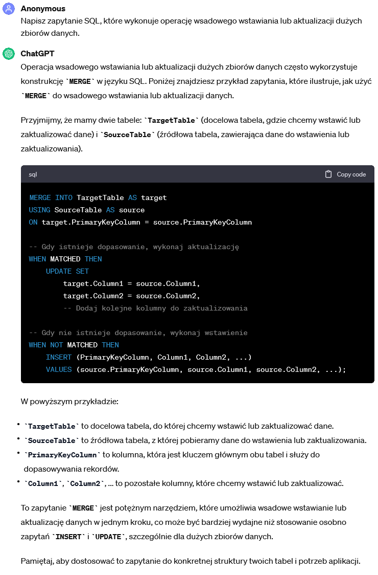 Napisz zapytanie SQL, które wykonuje operację wsadowego wstawiania lub aktualizacji dużych zbiorów danych.