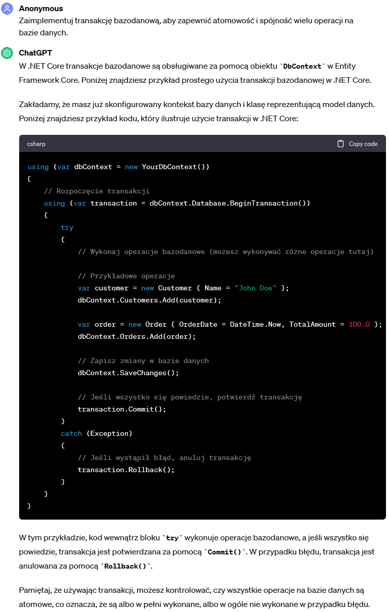 Zaimplementowanie transakcji bazodanowej dla zapewnienia atomowości i spójności operacji na bazie danych.