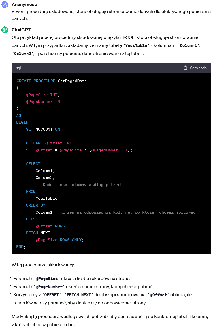 Procedura składowana obsługująca stronicowanie danych dla efektywnego pobierania danych.
