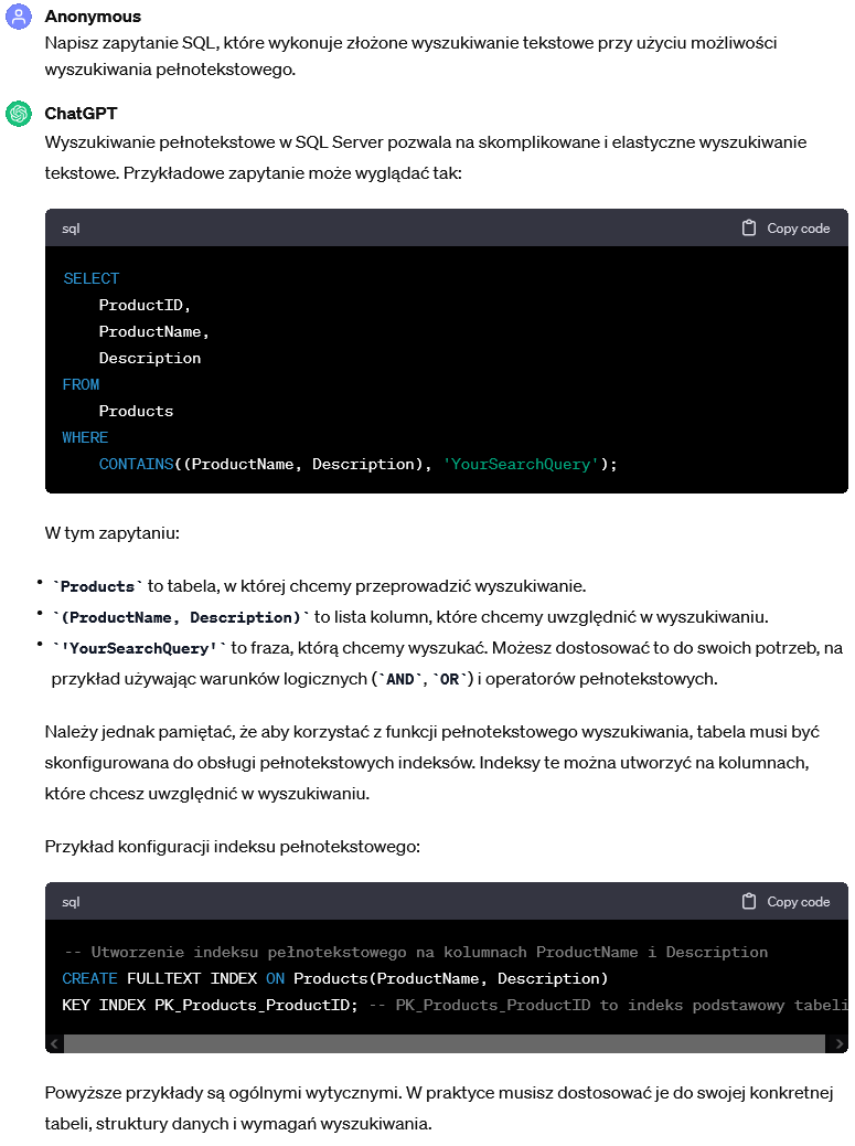 Zapytanie SQL wykonujące złożone wyszukiwanie tekstowe przy użyciu możliwości wyszukiwania pełnotekstowego.