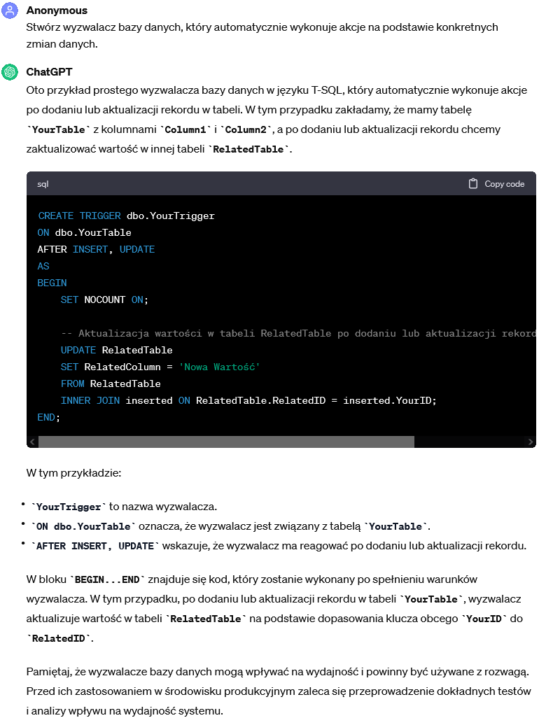 Wyzwalacz bazy danych wykonujący automatycznie akcje na podstawie konkretnych zmian danych.