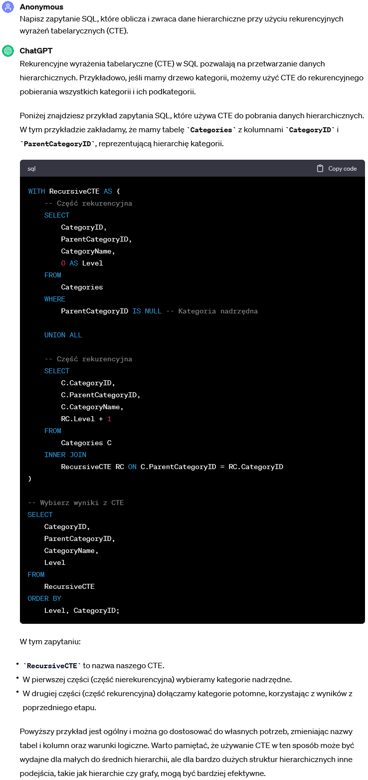 Zapytanie SQL obliczające i zwracające dane hierarchiczne przy użyciu rekurencyjnych wyrażeń tabelarycznych (CTE).