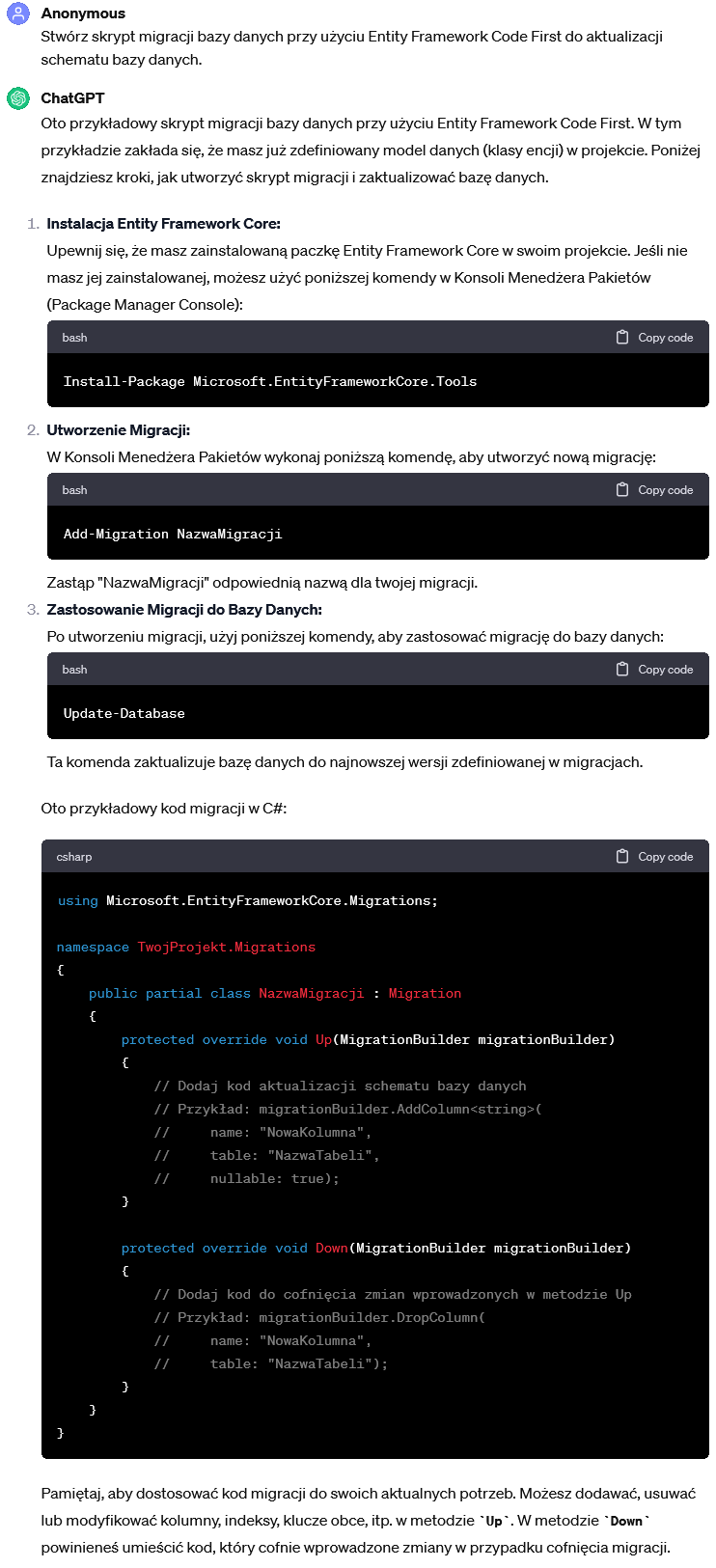 Skrypt migracji bazy danych przy użyciu Entity Framework Code First do aktualizacji schematu bazy danych.