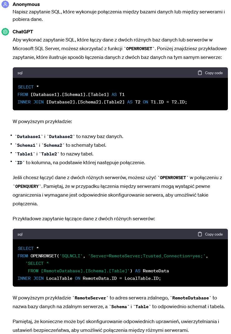 Zapytanie SQL wykonujące połączenia między bazami danych lub między serwerami i pobierające dane.