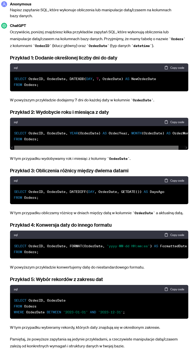 Zapytanie SQL wykonujące obliczenia lub manipulacje datą/czasem na kolumnach bazy danych.