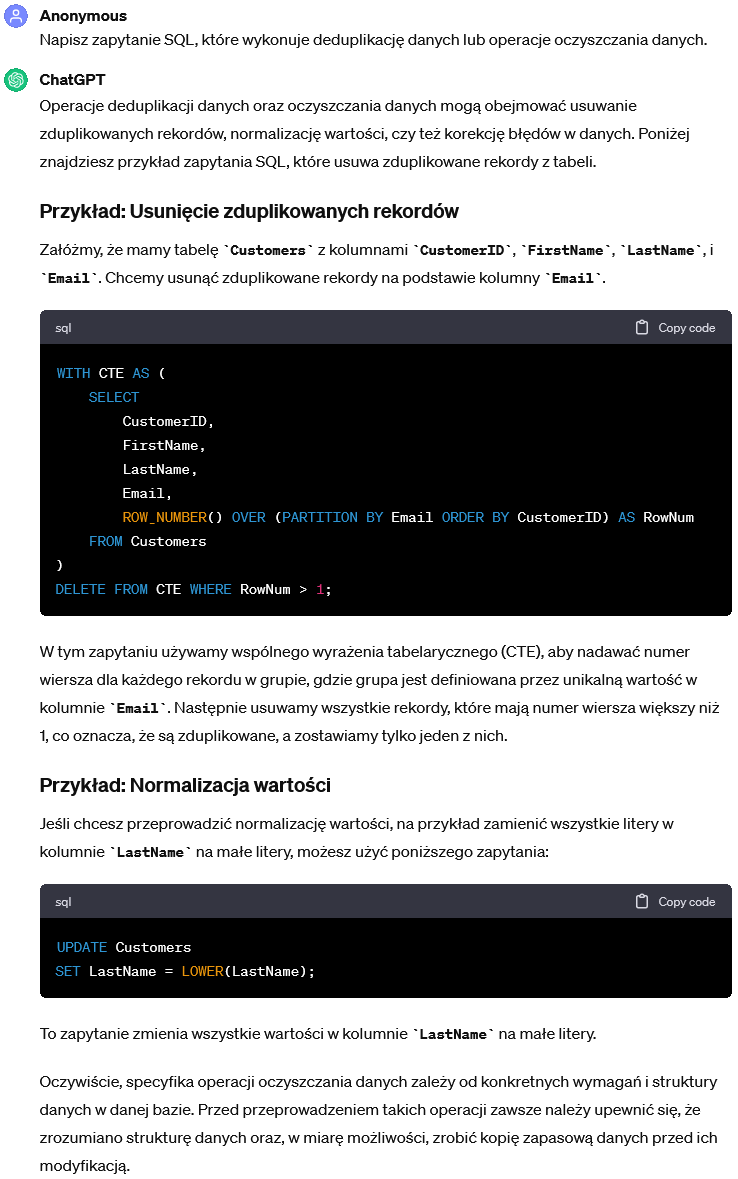 Zapytanie SQL wykonujące deduplikację danych lub operacje oczyszczania danych.