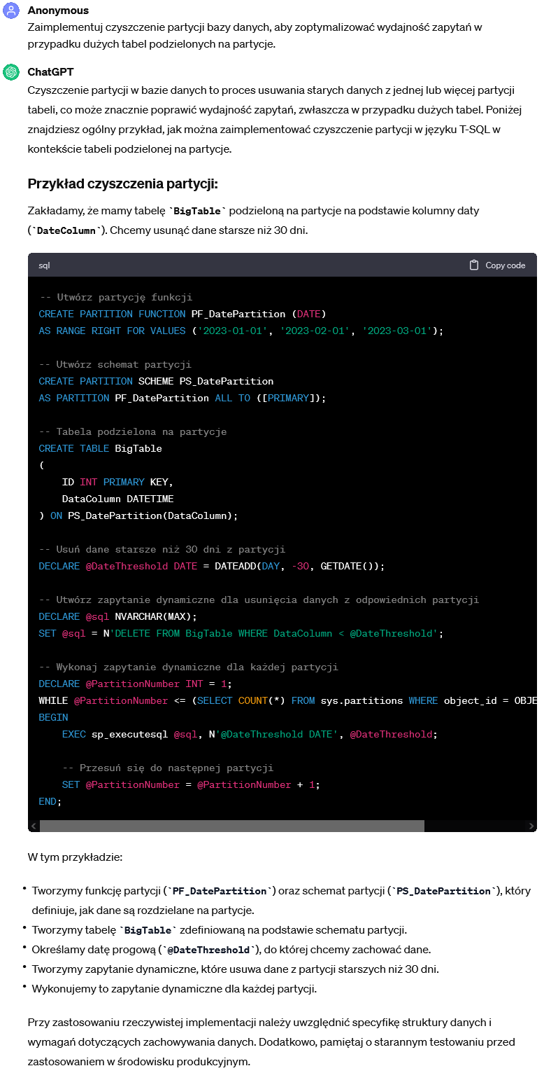 Implementacja czyszczenia partycji bazy danych w celu zoptymalizowania wydajności zapytań w przypadku dużych tabel podzielonych na partycje.
