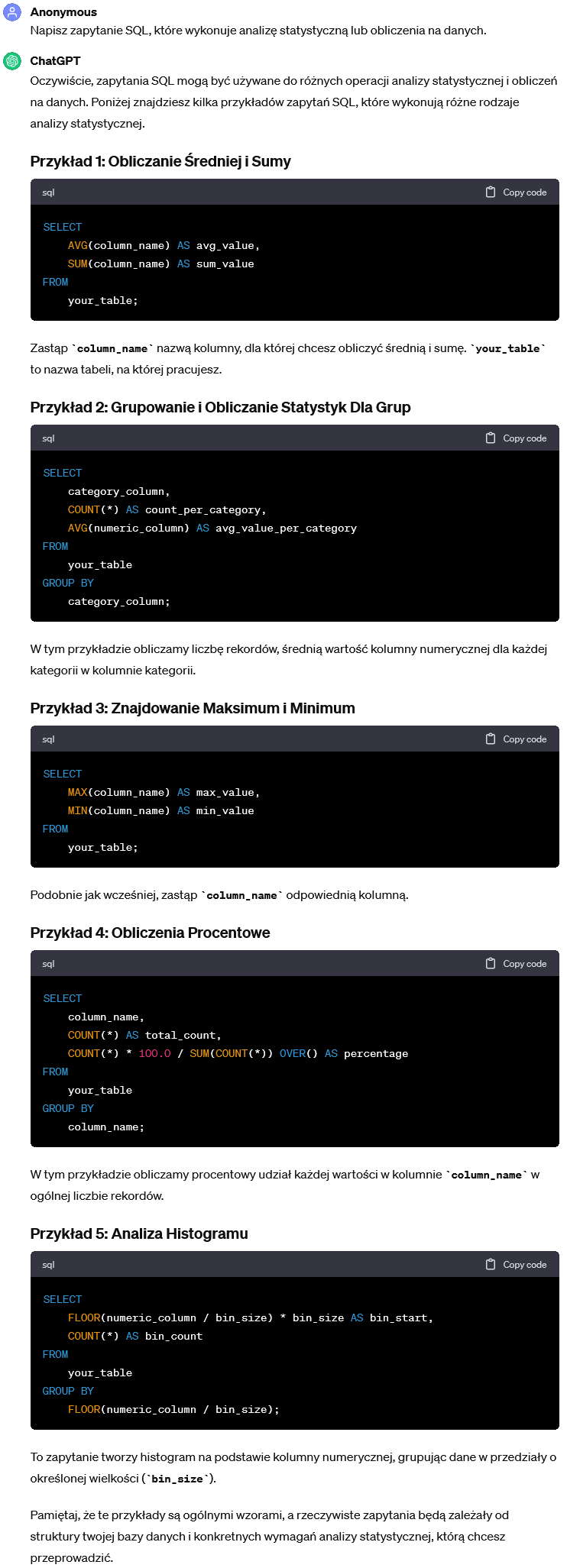 Zapytanie SQL wykonujące analizę statystyczną lub obliczenia na danych.