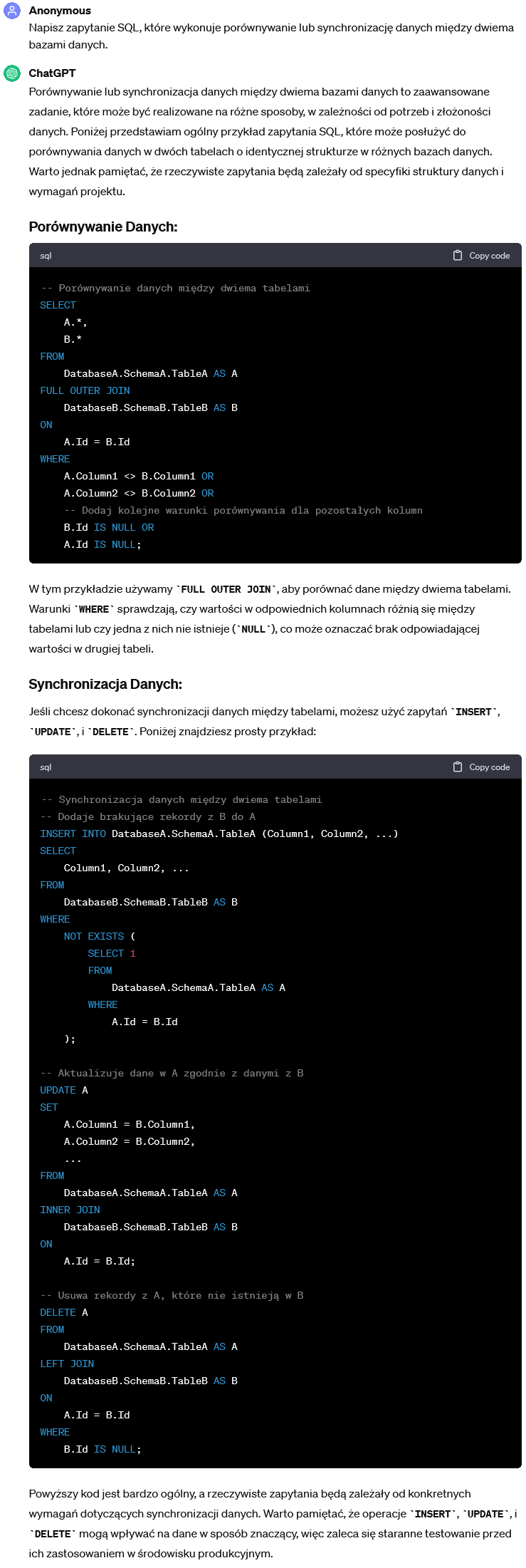 Zapytanie SQL wykonujące porównywanie lub synchronizację danych między dwiema bazami danych.