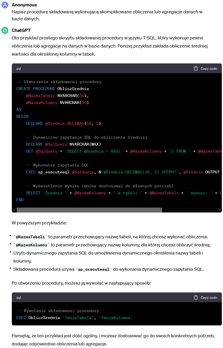Napisz procedurę składowaną wykonującą skomplikowane obliczenia lub agregacje danych w bazie danych.
