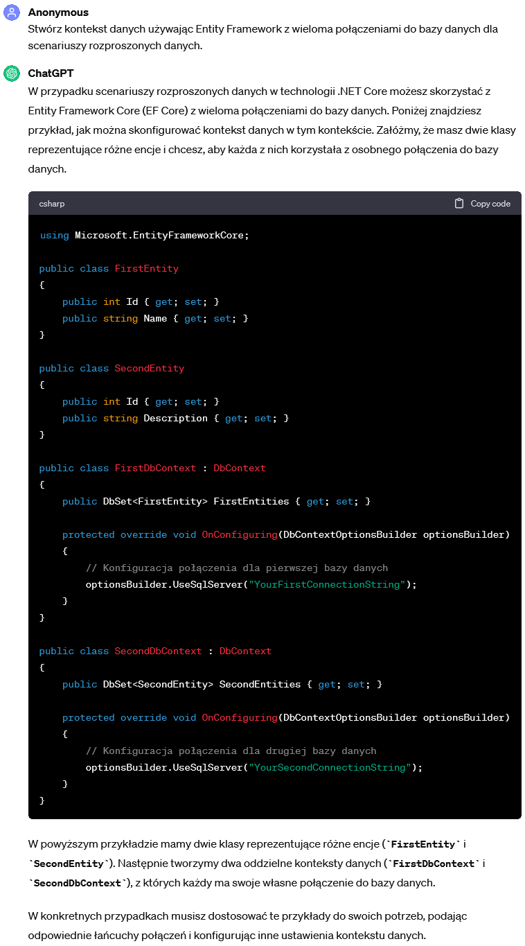 Kontekst danych używający Entity Framework z wieloma połączeniami do bazy danych dla scenariuszy rozproszonych danych.