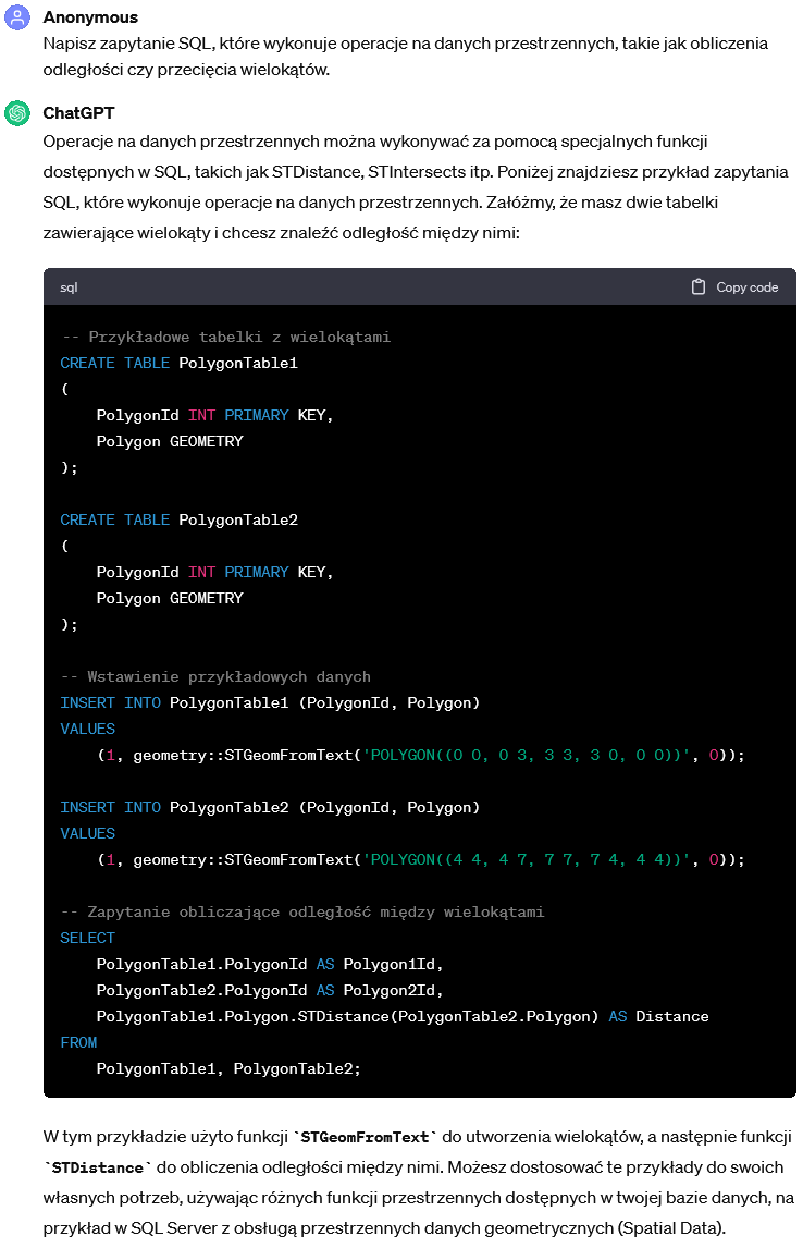 Zapytanie SQL wykonujące operacje na danych przestrzennych, takie jak obliczenia odległości czy przecięcia wielokątów.