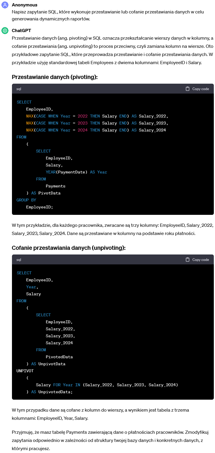 Zapytanie SQL wykonujące przestawianie lub cofanie przestawiania danych w celu generowania dynamicznych raportów.