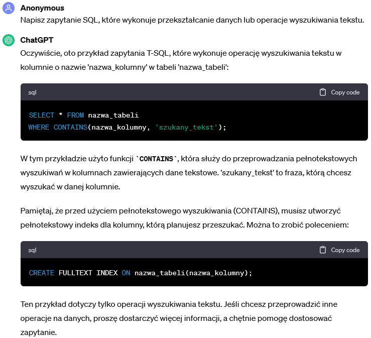 Zapytanie SQL wykonujące przekształcanie danych lub operacje wyszukiwania tekstu.