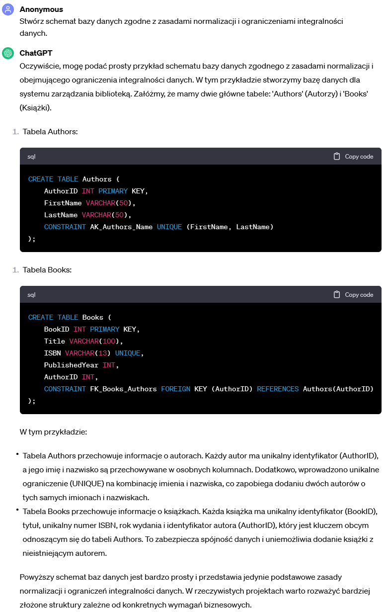Schemat bazy danych zgodny z zasadami normalizacji i ograniczeniami integralności danych.
