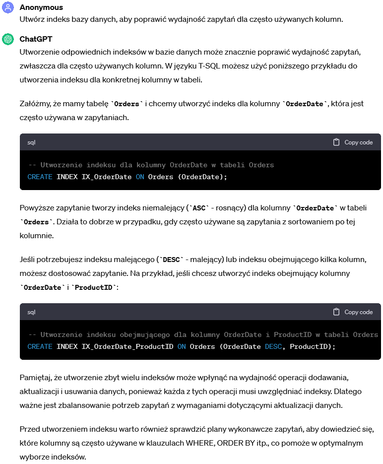 Utwórz indeks bazy danych, aby poprawić wydajność zapytań dla często używanych kolumn.