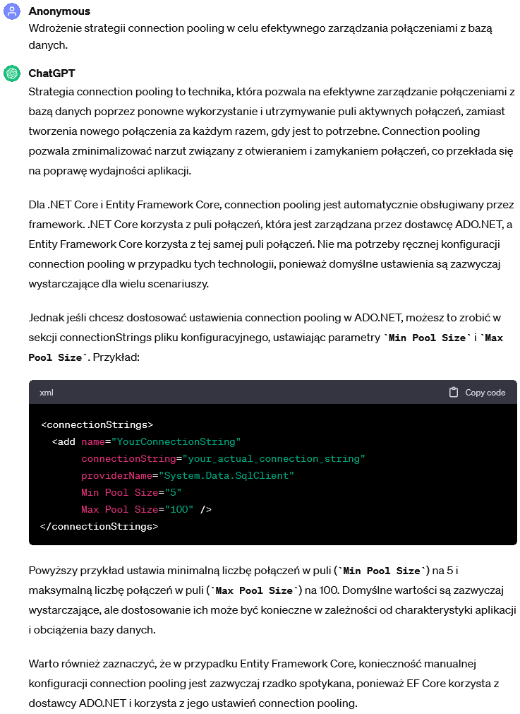 Wdrożenie strategii connection pooling w celu efektywnego zarządzania połączeniami z bazą danych.